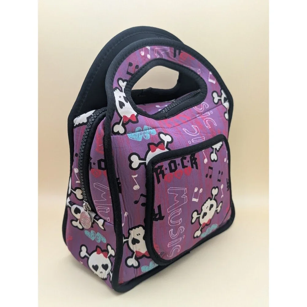 Insulated Neoprene Lunch Bag Tote Punk Rock Music Skull Crossbones Purple Pink